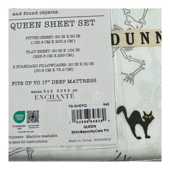 Rae Dunn Queen Sheet Set SPOOKY Skeleton Black Cat Halloween Goth Witch NEW 2024 - Picture 5 of 7